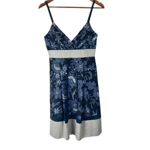 Max and Cleo Navy and Gray Floral Silk Spaghetti Strap Silk Dress Size 6